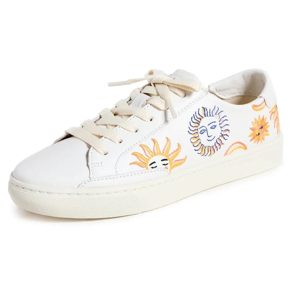 Soludos White Leather Sneakers With Yellow & Blue Sun Embroidery